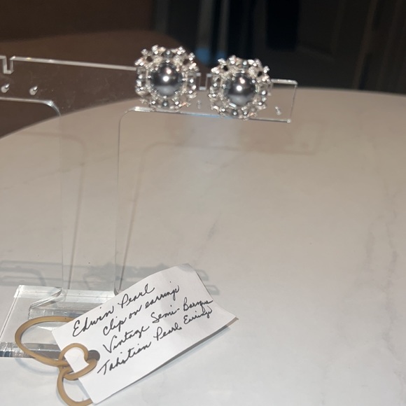 Erwin Pearl clip on earrings Vintage Semi-baroque Tahitian Pearl silver w/ blue - Picture 6 of 7